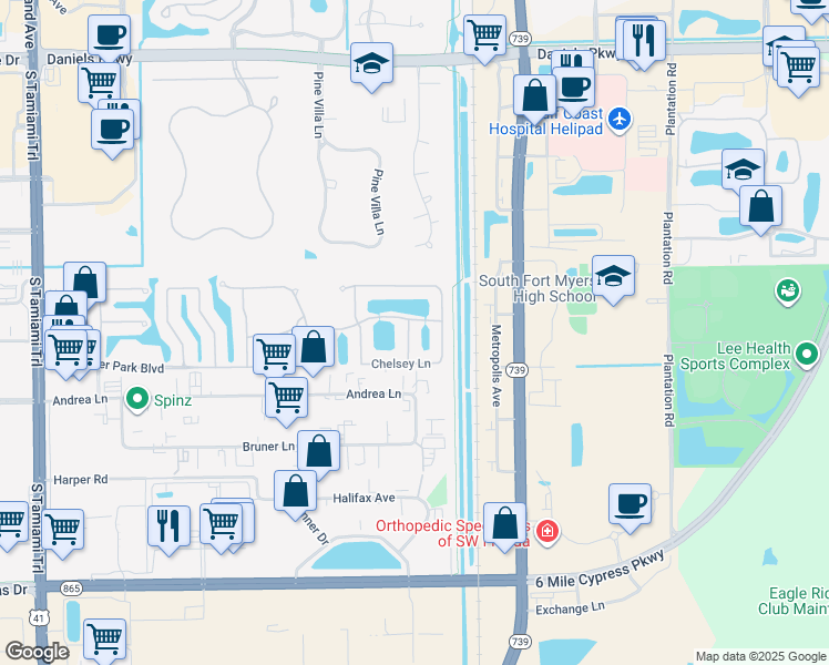 map of restaurants, bars, coffee shops, grocery stores, and more near 14101 Cambridge Drive in Fort Myers