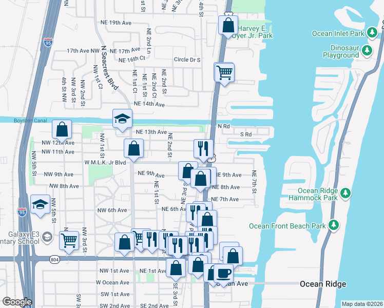map of restaurants, bars, coffee shops, grocery stores, and more near 339 Northeast 10th Avenue in Boynton Beach