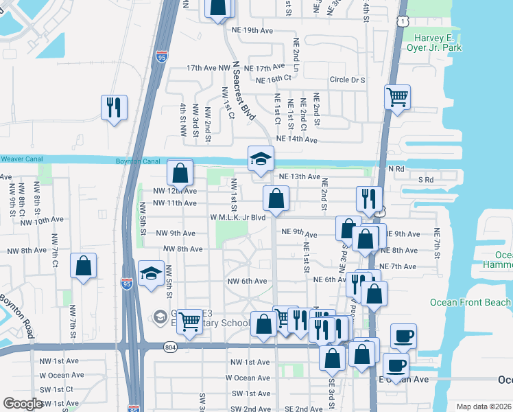 map of restaurants, bars, coffee shops, grocery stores, and more near 133 Northwest 10th Avenue in Boynton Beach