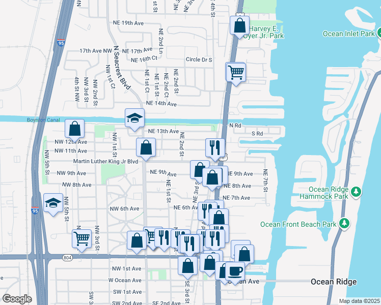 map of restaurants, bars, coffee shops, grocery stores, and more near 1114 Northeast 2nd Street in Boynton Beach