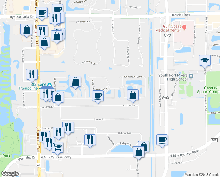 map of restaurants, bars, coffee shops, grocery stores, and more near 13966 Avon Park Circle in Fort Myers