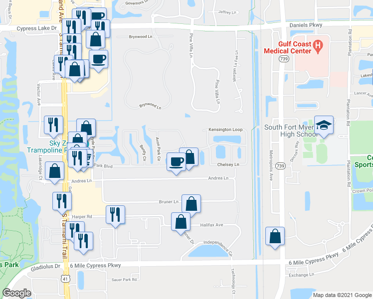 map of restaurants, bars, coffee shops, grocery stores, and more near 13993 Avon Park Circle in Fort Myers