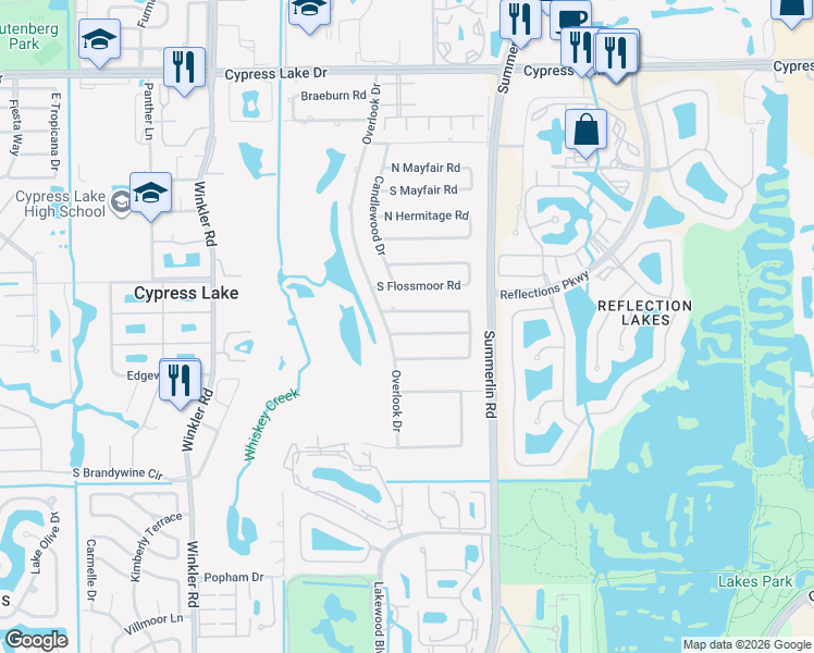 map of restaurants, bars, coffee shops, grocery stores, and more near 1608 Long Meadow Road in Fort Myers