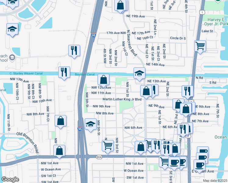 map of restaurants, bars, coffee shops, grocery stores, and more near 315 Martin Luther King Junior Boulevard in Boynton Beach