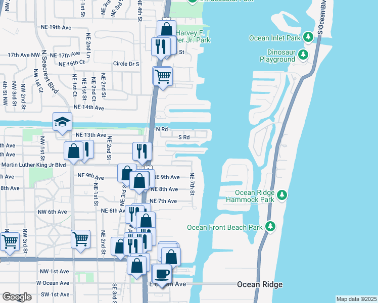 map of restaurants, bars, coffee shops, grocery stores, and more near 720 Rider Road in Boynton Beach