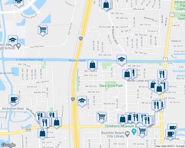 map of restaurants, bars, coffee shops, grocery stores, and more near 1203 Northwest 4th Street in Boynton Beach
