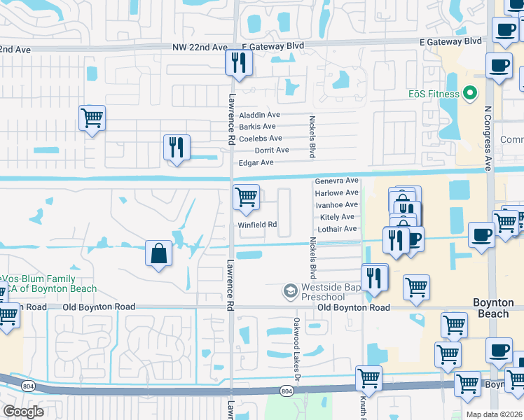 map of restaurants, bars, coffee shops, grocery stores, and more near 3888 Tracewood Lane in Boynton Beach