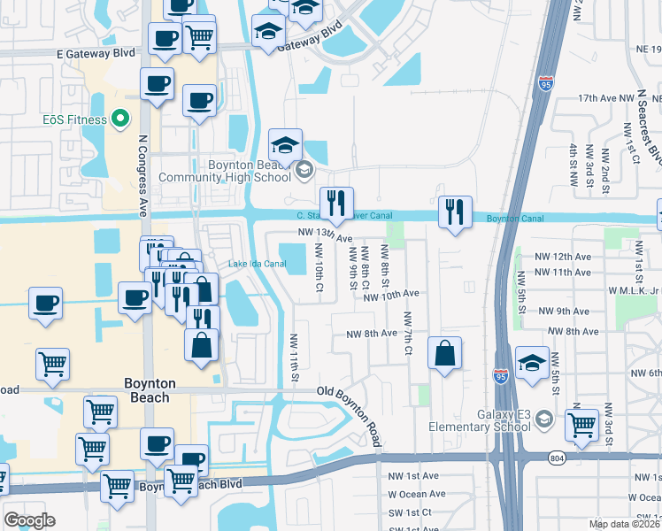 map of restaurants, bars, coffee shops, grocery stores, and more near 1002 Northwest 10th Court in Boynton Beach