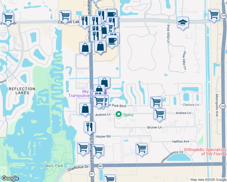 map of restaurants, bars, coffee shops, grocery stores, and more near 14011 West Hyde Park Drive in Fort Myers