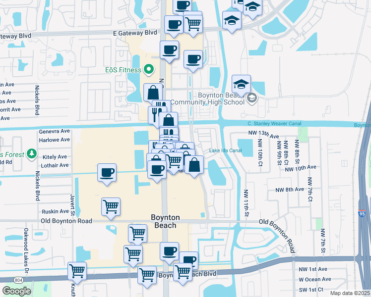map of restaurants, bars, coffee shops, grocery stores, and more near 1100 Audace Avenue in Boynton Beach