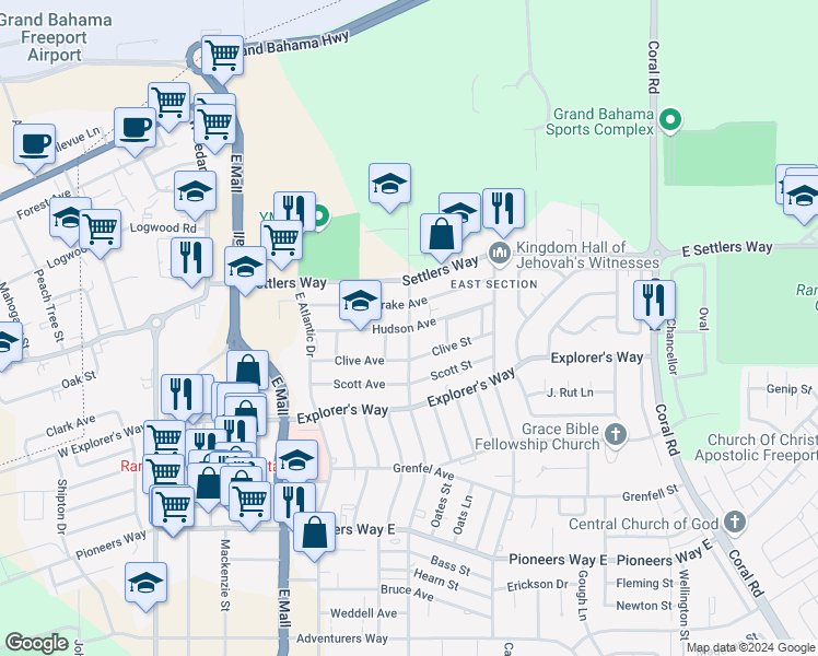 map of restaurants, bars, coffee shops, grocery stores, and more near Hudson Avenue in Freeport