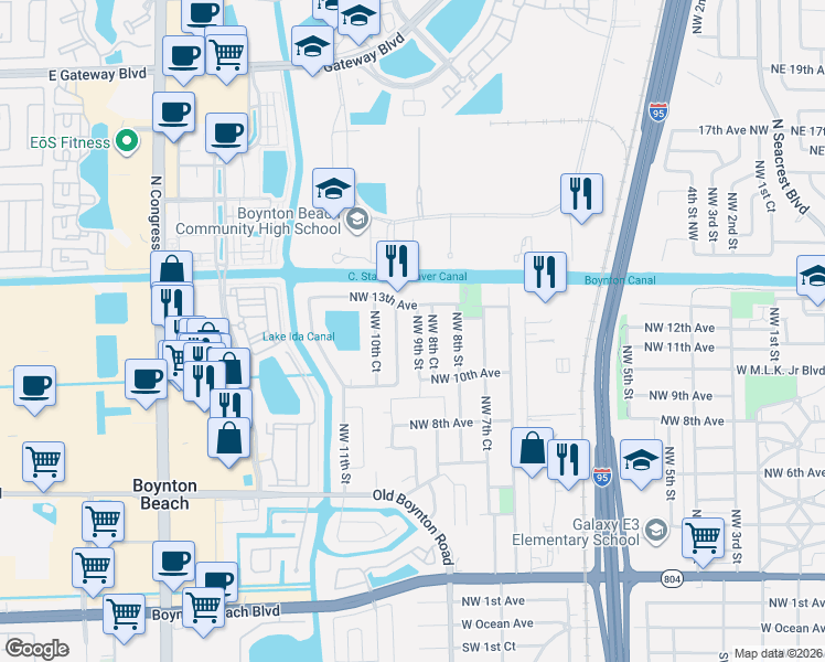map of restaurants, bars, coffee shops, grocery stores, and more near 1315 Northwest 8th Court in Boynton Beach