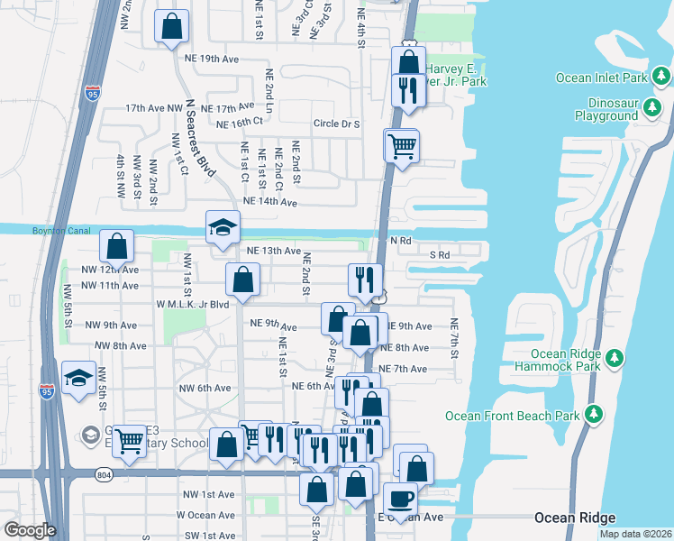 map of restaurants, bars, coffee shops, grocery stores, and more near 339 Northeast 12th Avenue in Boynton Beach