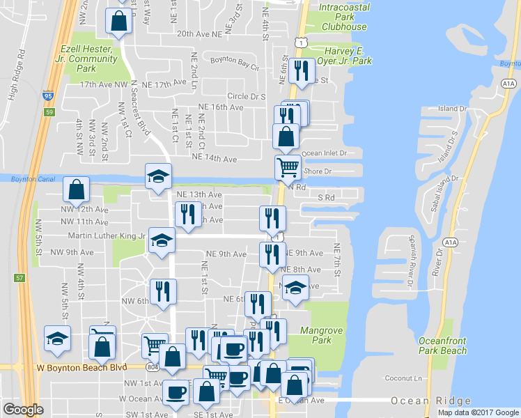map of restaurants, bars, coffee shops, grocery stores, and more near 416 Northeast 12th Avenue in Boynton Beach