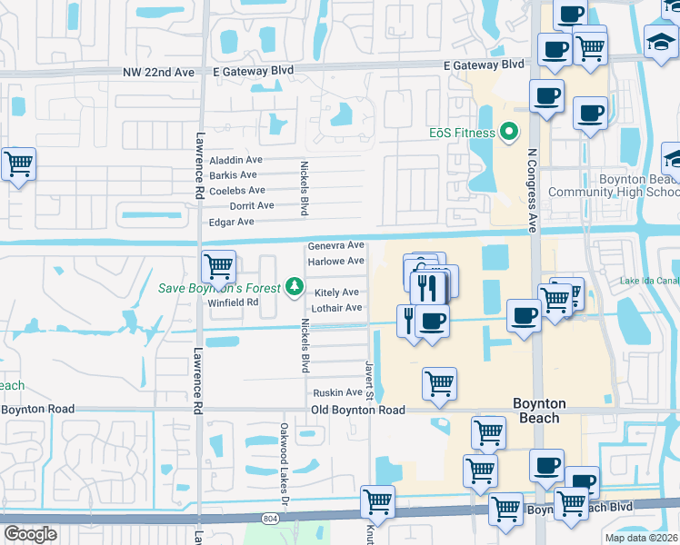 map of restaurants, bars, coffee shops, grocery stores, and more near 3583 Ivanhoe Avenue in Boynton Beach