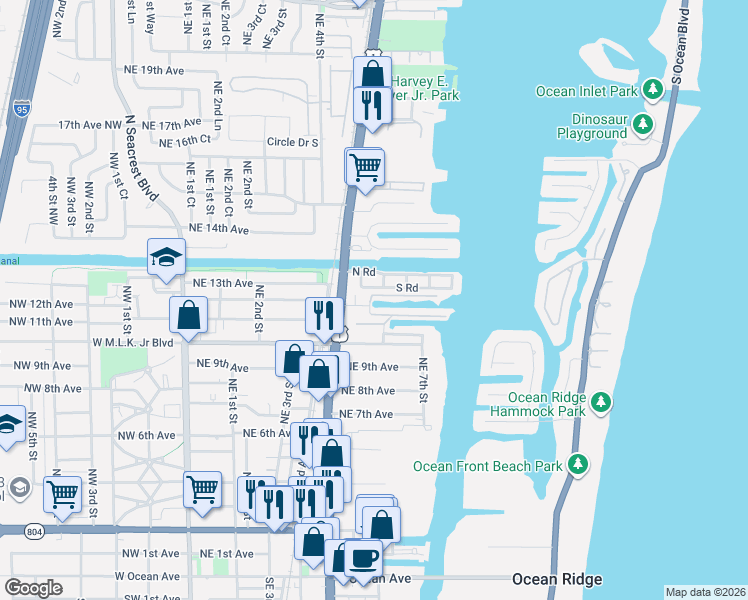 map of restaurants, bars, coffee shops, grocery stores, and more near 628 South Road in Boynton Beach