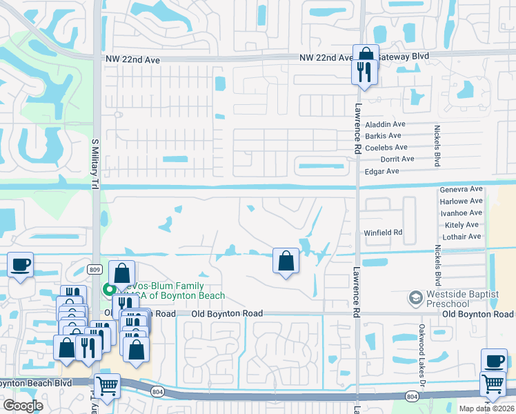map of restaurants, bars, coffee shops, grocery stores, and more near 4378 Juniper Terrace in Boynton Beach