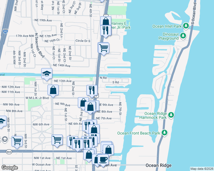 map of restaurants, bars, coffee shops, grocery stores, and more near 628 South Road in Boynton Beach