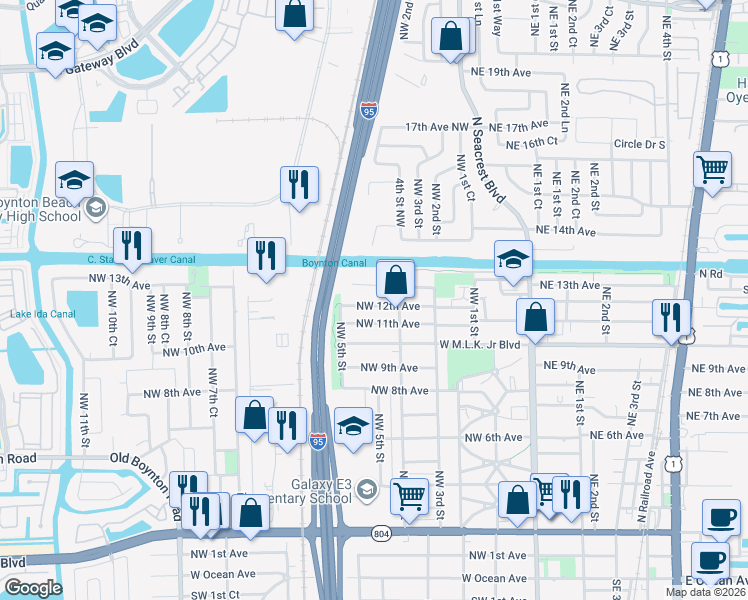 map of restaurants, bars, coffee shops, grocery stores, and more near 525 Northwest 12th Avenue in Boynton Beach