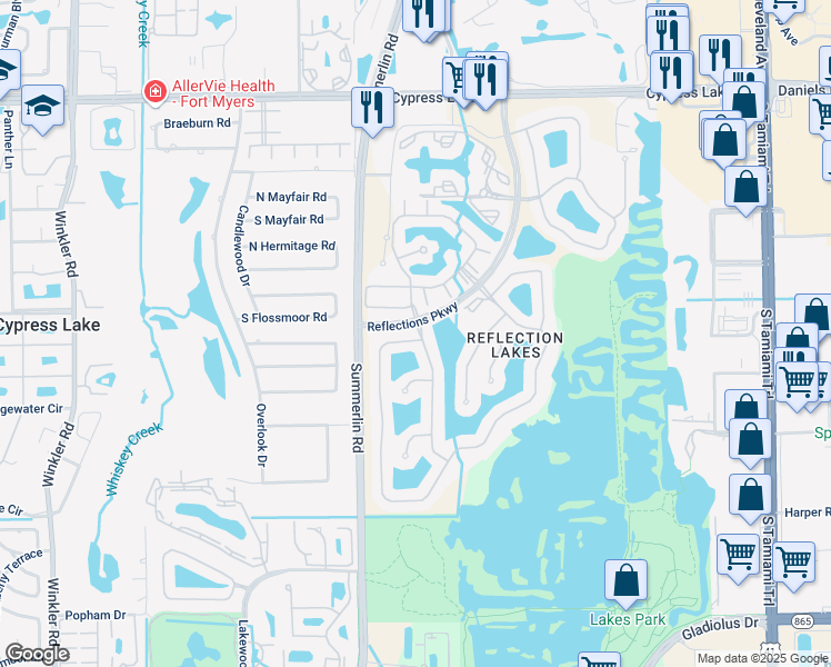 map of restaurants, bars, coffee shops, grocery stores, and more near 14517 Reflection Lakes Drive in Fort Myers