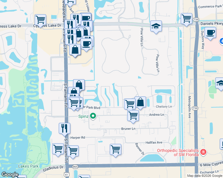 map of restaurants, bars, coffee shops, grocery stores, and more near 14042 Bently Circle in Fort Myers