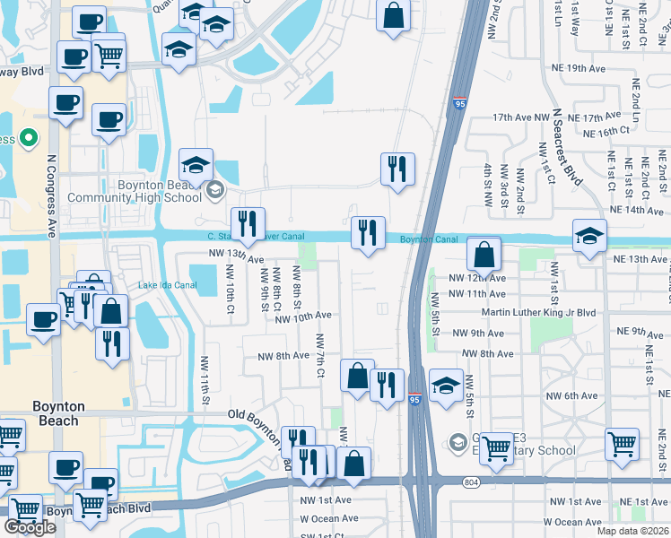 map of restaurants, bars, coffee shops, grocery stores, and more near 1311 Northwest 7th Street in Boynton Beach