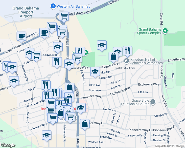 map of restaurants, bars, coffee shops, grocery stores, and more near Hudson Avenue in Freeport