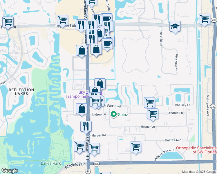 map of restaurants, bars, coffee shops, grocery stores, and more near 14011 West Hyde Park Drive in Fort Myers