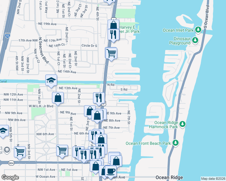 map of restaurants, bars, coffee shops, grocery stores, and more near 628 South Road in Boynton Beach