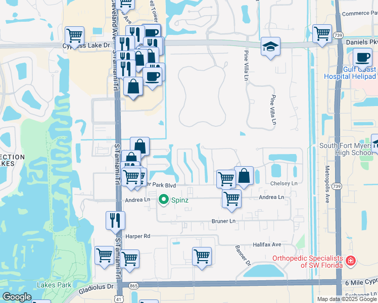 map of restaurants, bars, coffee shops, grocery stores, and more near 14042 Bently Circle in Fort Myers