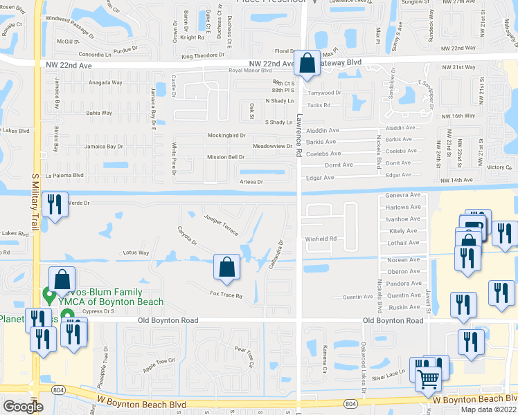 map of restaurants, bars, coffee shops, grocery stores, and more near 4150 Juniper Terrace in Boynton Beach