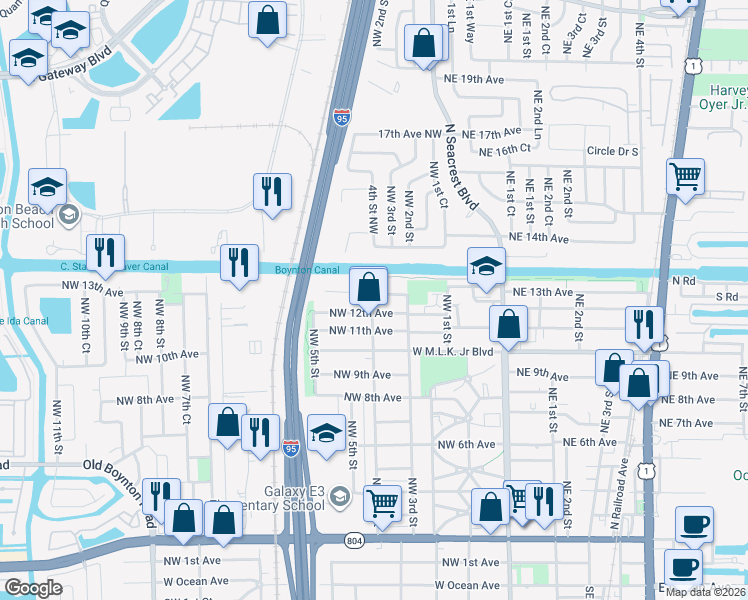 map of restaurants, bars, coffee shops, grocery stores, and more near 436 Northwest 13th Avenue in Boynton Beach