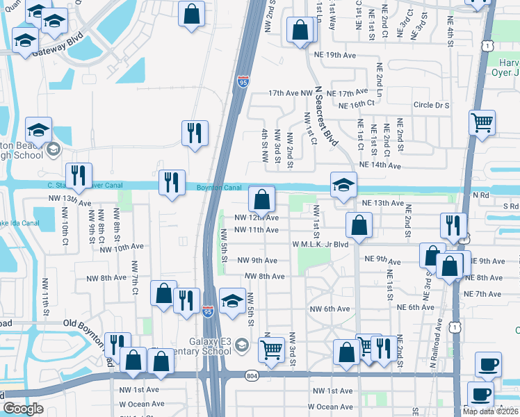 map of restaurants, bars, coffee shops, grocery stores, and more near 436 Northwest 13th Avenue in Boynton Beach