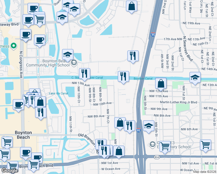 map of restaurants, bars, coffee shops, grocery stores, and more near 1311 Northwest 7th Street in Boynton Beach