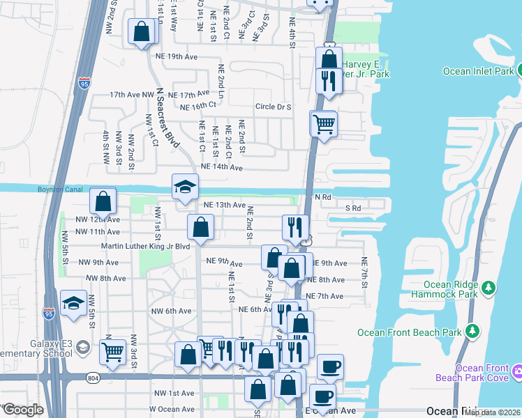 map of restaurants, bars, coffee shops, grocery stores, and more near 320 Northeast 13th Avenue in Boynton Beach