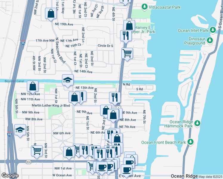 map of restaurants, bars, coffee shops, grocery stores, and more near 339 Northeast 12th Avenue in Boynton Beach