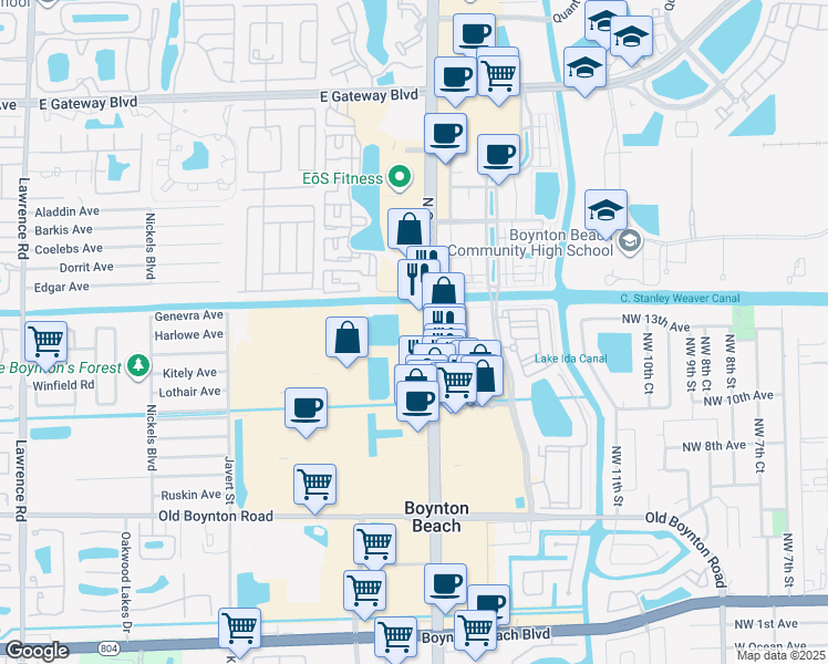 map of restaurants, bars, coffee shops, grocery stores, and more near in Boynton Beach