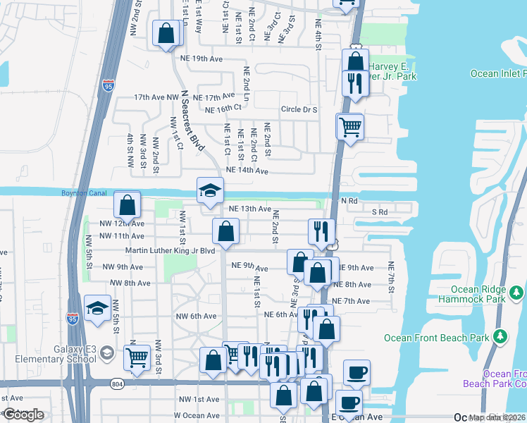 map of restaurants, bars, coffee shops, grocery stores, and more near 222 Northeast 13th Avenue in Boynton Beach
