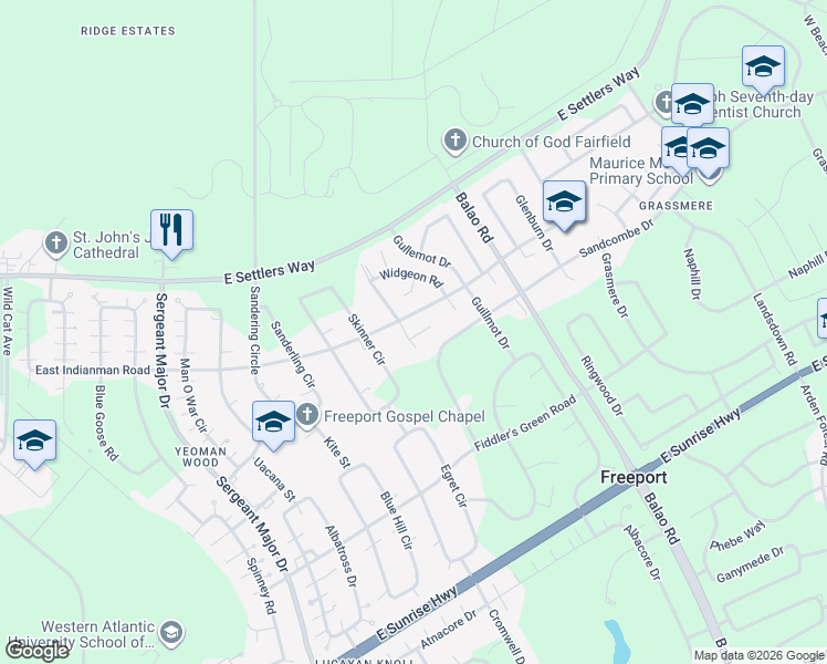 map of restaurants, bars, coffee shops, grocery stores, and more near Guillmot Drive in Freeport