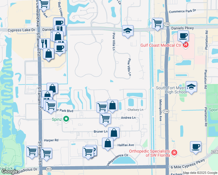 map of restaurants, bars, coffee shops, grocery stores, and more near 13993 Avon Park Circle in Fort Myers