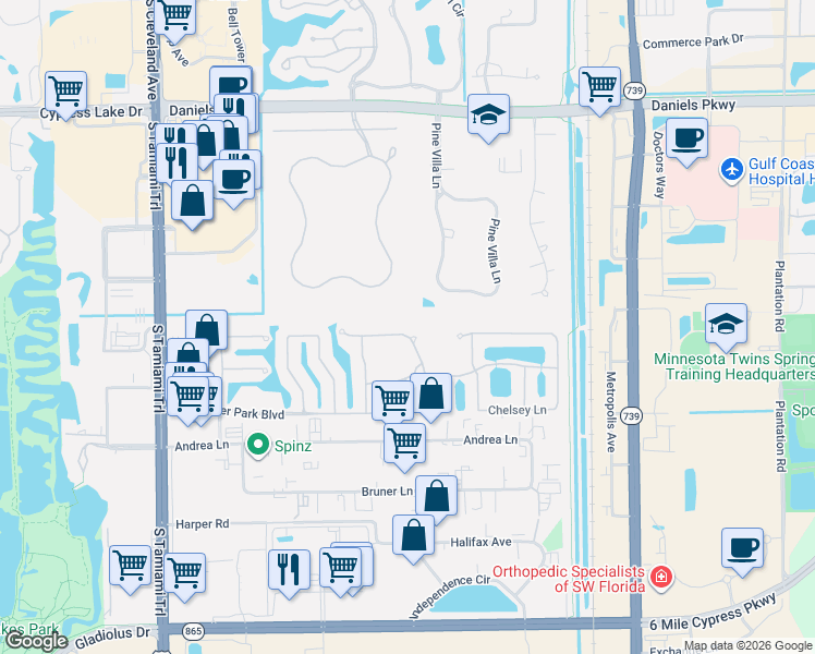 map of restaurants, bars, coffee shops, grocery stores, and more near 13993 Avon Park Circle in Fort Myers