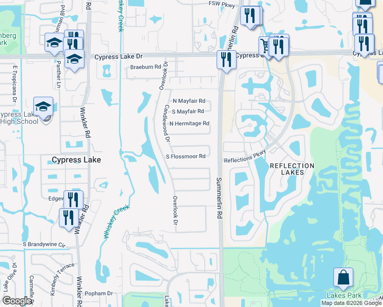 map of restaurants, bars, coffee shops, grocery stores, and more near 1652 South Flossmoor Road in Fort Myers