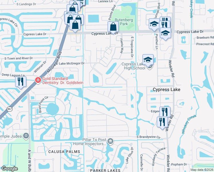map of restaurants, bars, coffee shops, grocery stores, and more near 6911 Birdie Way in Fort Myers