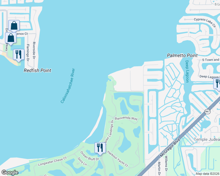 map of restaurants, bars, coffee shops, grocery stores, and more near 14010 Schultz Road in Fort Myers