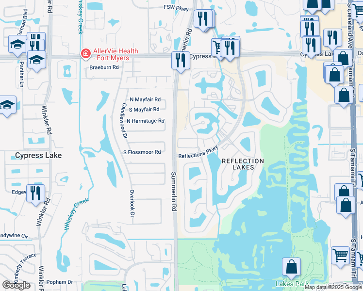 map of restaurants, bars, coffee shops, grocery stores, and more near 7850 Lake Mahogany Boulevard in Fort Myers