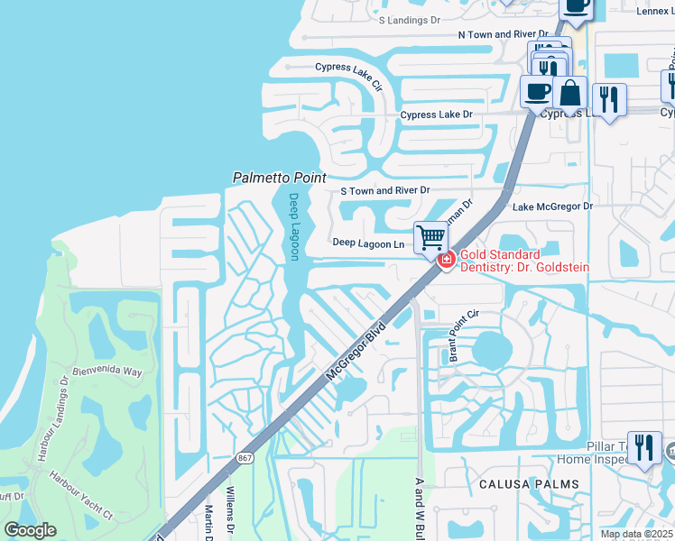 map of restaurants, bars, coffee shops, grocery stores, and more near 840 Deep Lagoon Lane in Fort Myers