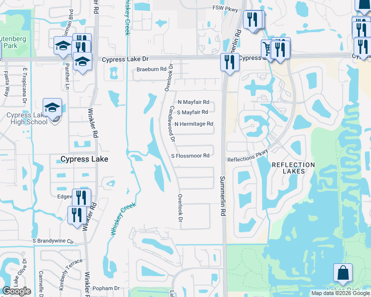 map of restaurants, bars, coffee shops, grocery stores, and more near 1617 North Flossmoor Road in Fort Myers
