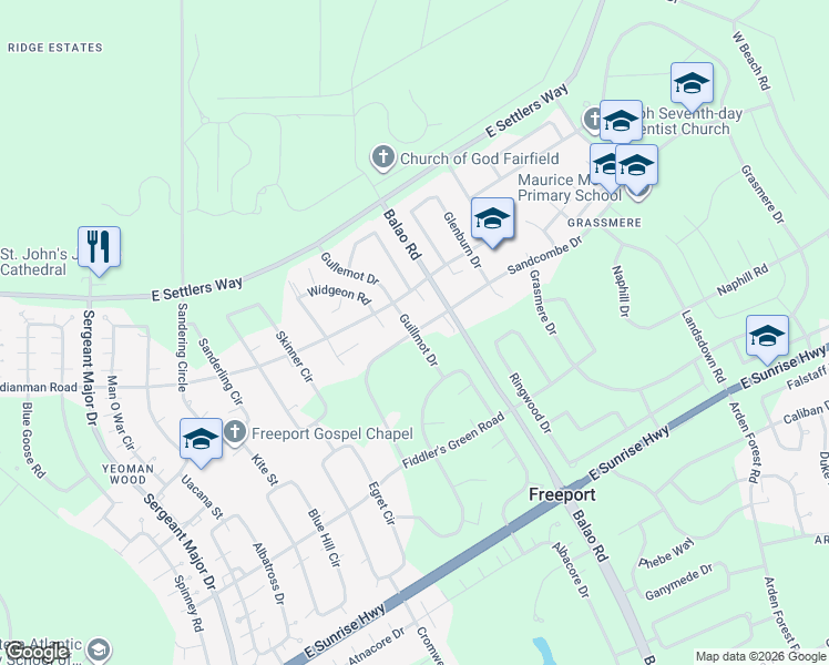 map of restaurants, bars, coffee shops, grocery stores, and more near Guillmot Drive in Freeport