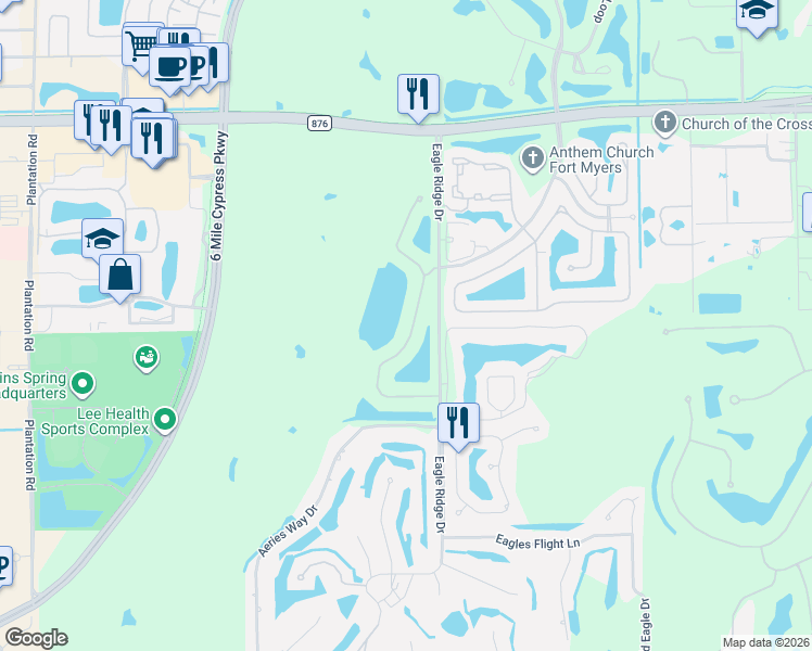 map of restaurants, bars, coffee shops, grocery stores, and more near 13950 Eagle Ridge Lakes Drive in Fort Myers
