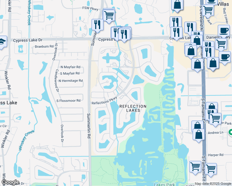 map of restaurants, bars, coffee shops, grocery stores, and more near 2424 Reflections Parkway in Fort Myers